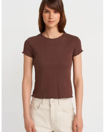 Tricou dama,  slim fit, maneca scurta, maro nuc, 100% bumbac