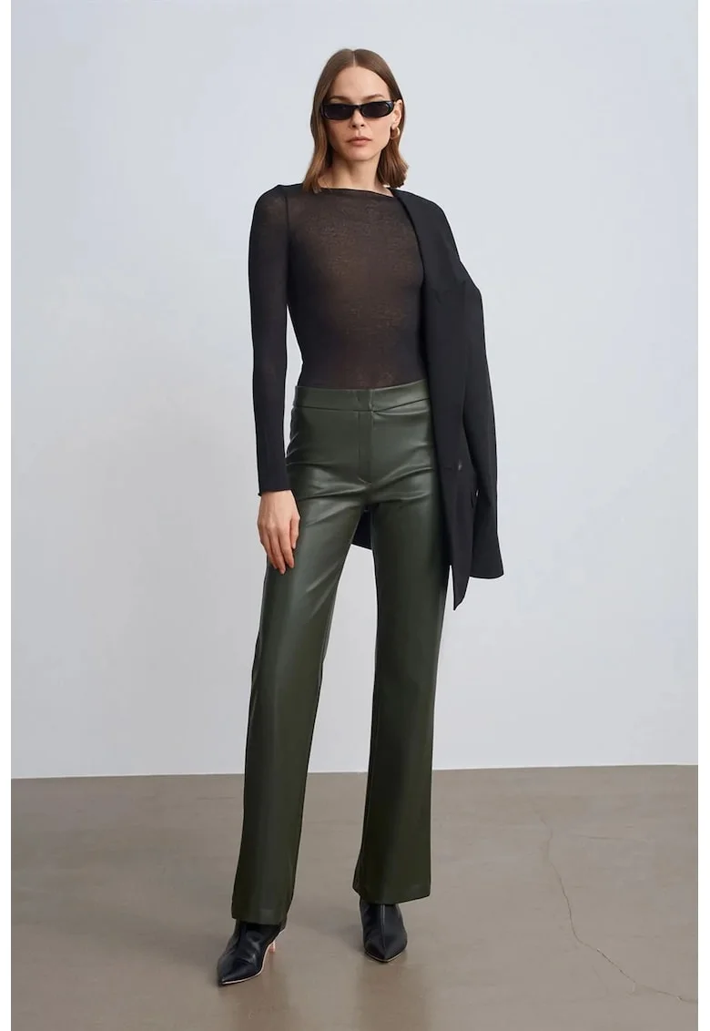 Pantaloni dama,  evazati, piele ecologica, verde masliniu
