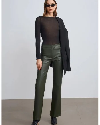 Pantaloni dama,  evazati, piele ecologica, verde masliniu