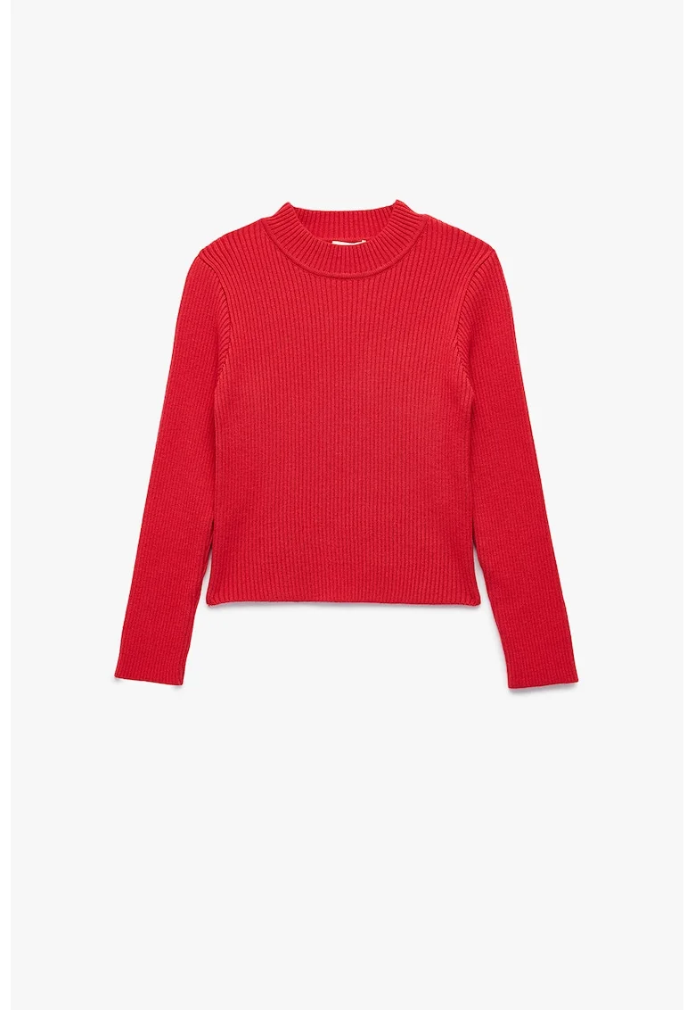 Pulover striat cu decolteu la baza gatului, Rosu vermillion