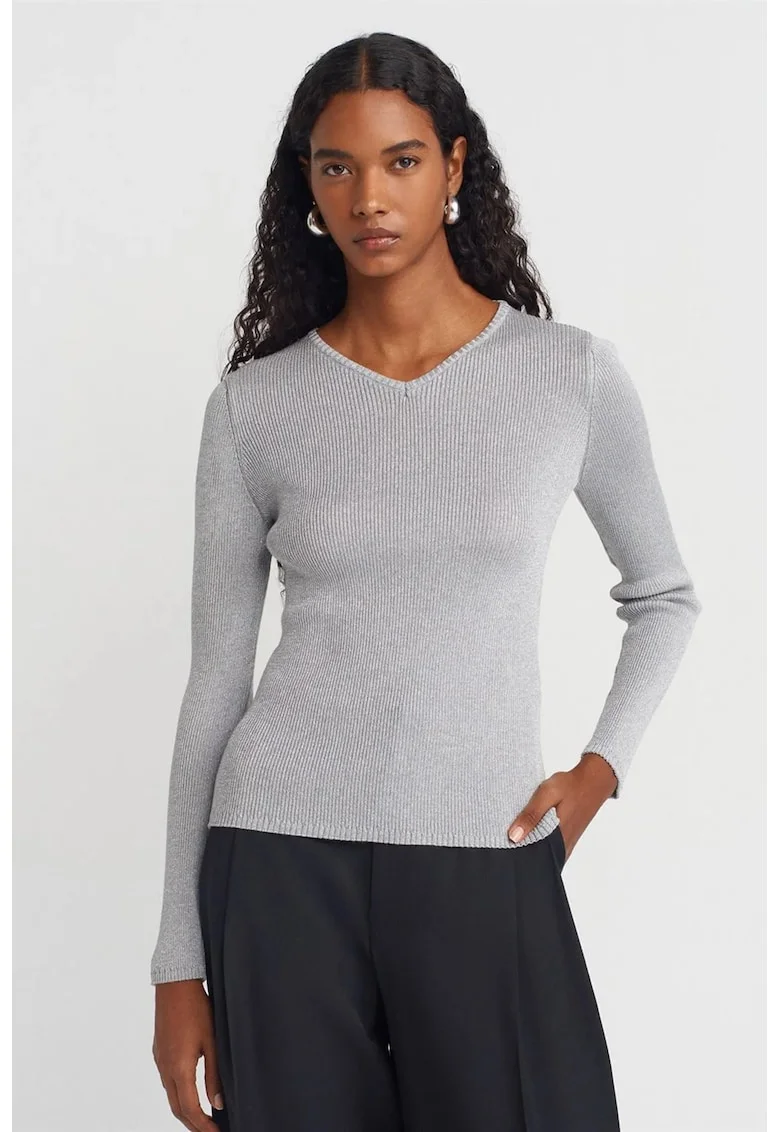 Pulover dama,  slim fit, gri argintiu, tricot din poliester si viscoza,