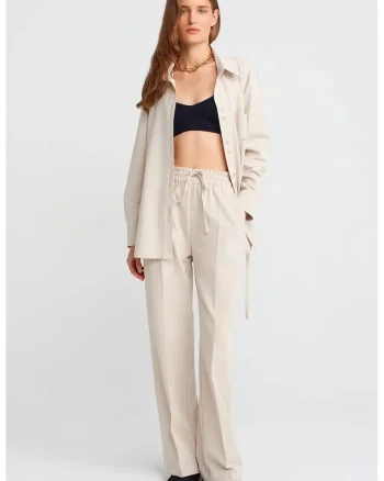 Pantaloni dama,  model wide-leg, crem, jerseu lycra