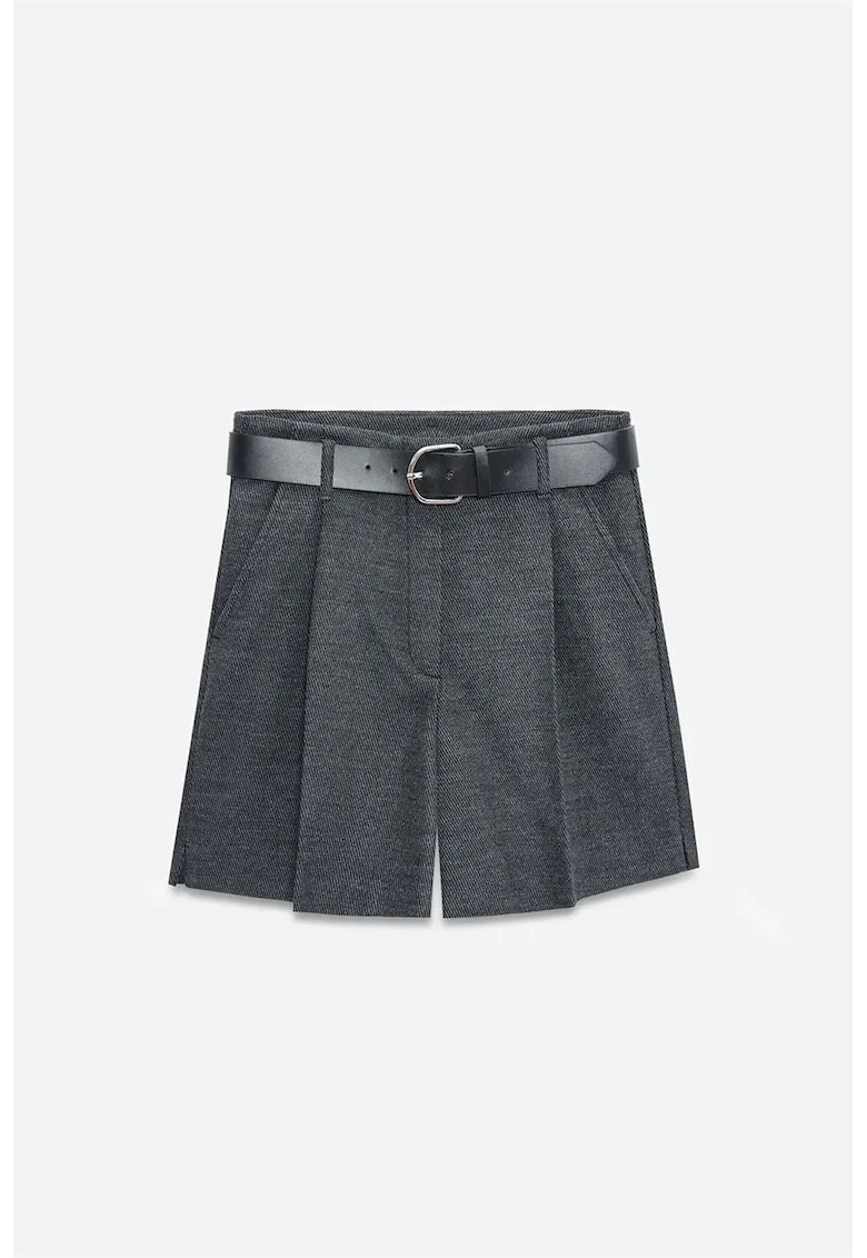 Pantaloni scurti,  talie inalta, poliester-viscoza-elastan, Gri inchis