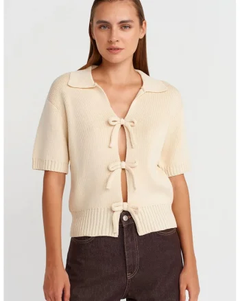 Cardigan,  acrilic, crem, maneci scurte, guler polo, legatura in fata,