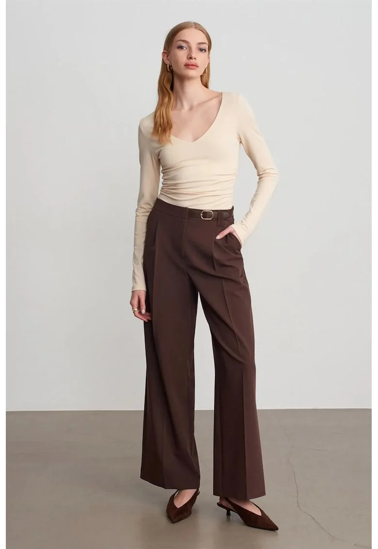 Pantaloni dama,  cu talie cu cordon, croiala larga, maro cafea, tesatura creponata