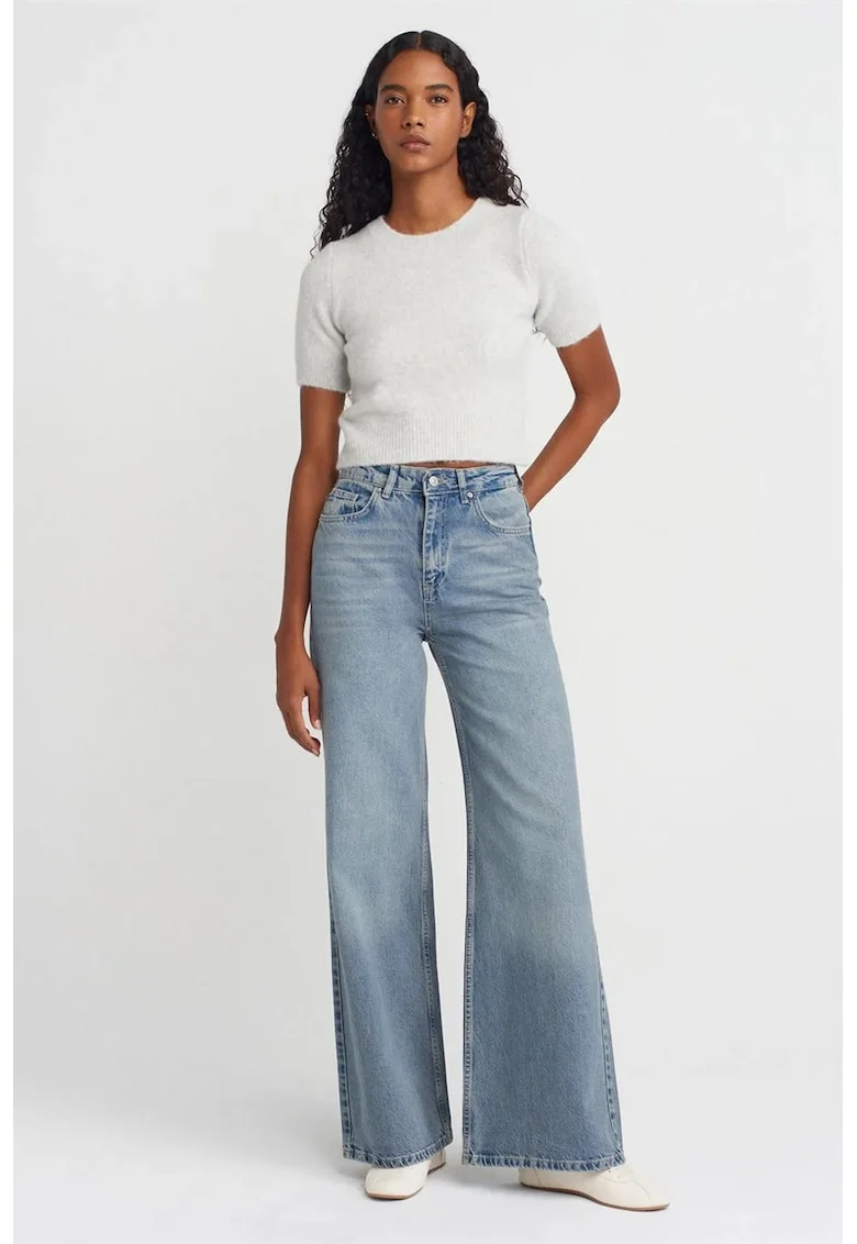 Blugi dama,  talie inalta, croiala larga, denim albastru deschis-mediu, 100% bumbac