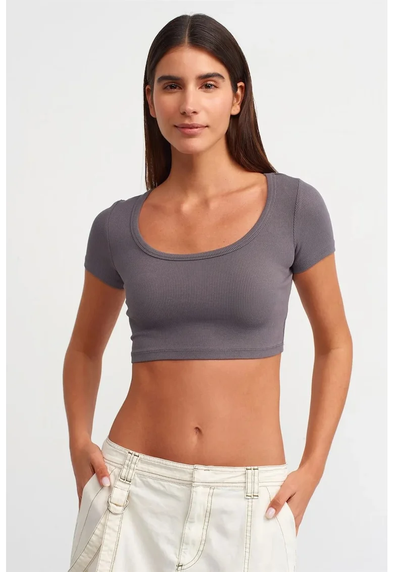 Tricou dama,  tricou scurt, slim fit, gri ardezie, bumbac elastan