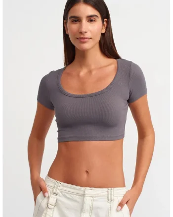 Tricou dama,  tricou scurt, slim fit, gri ardezie, bumbac elastan