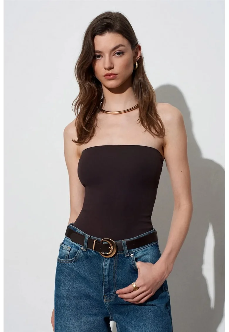 Bluza dama,  bluza bandeau, croiala slim-fit, negru, jerseu