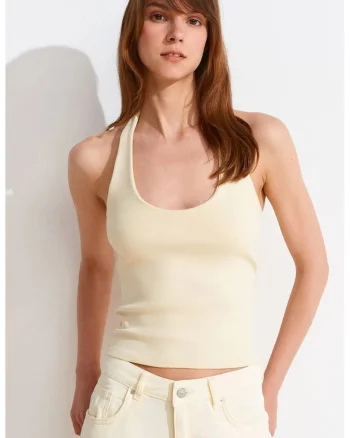 Bluza dama,  fara maneci, crem, bumbac-elastan