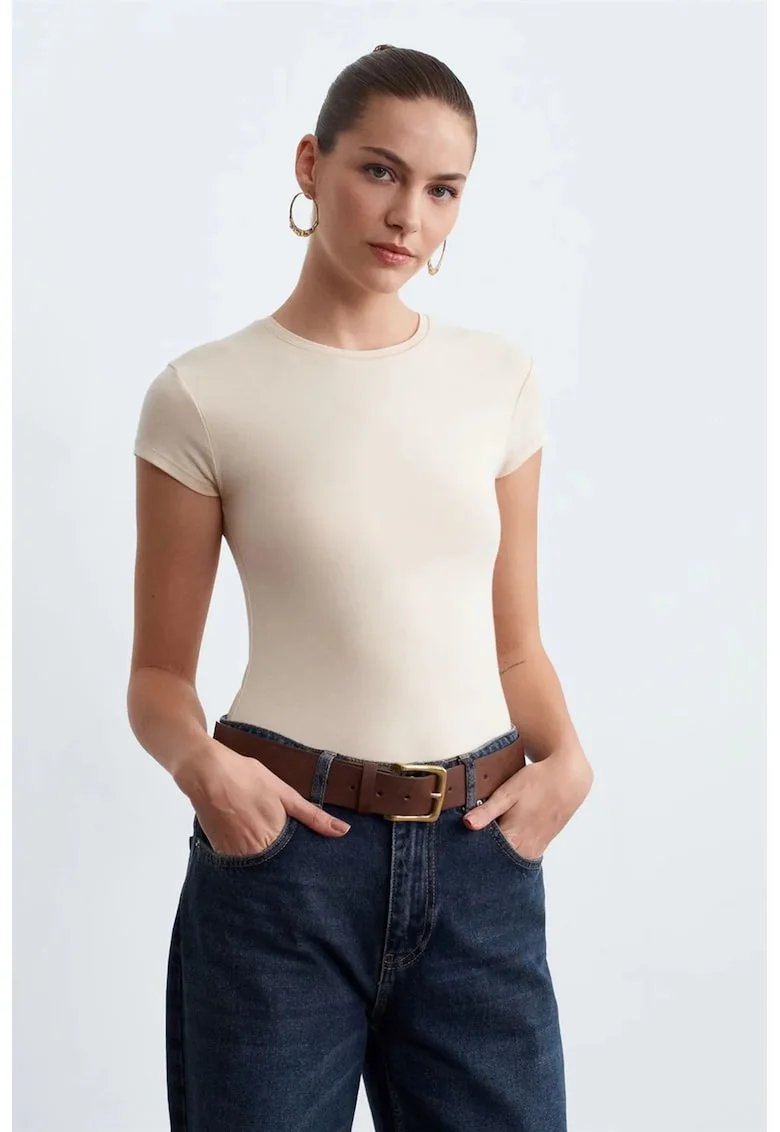 Tricou dama,  Tricou Slim Fit, crem natural, maneca scurta