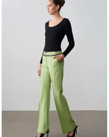 Pantaloni dama,  crep, casual, cu curea, verde menta