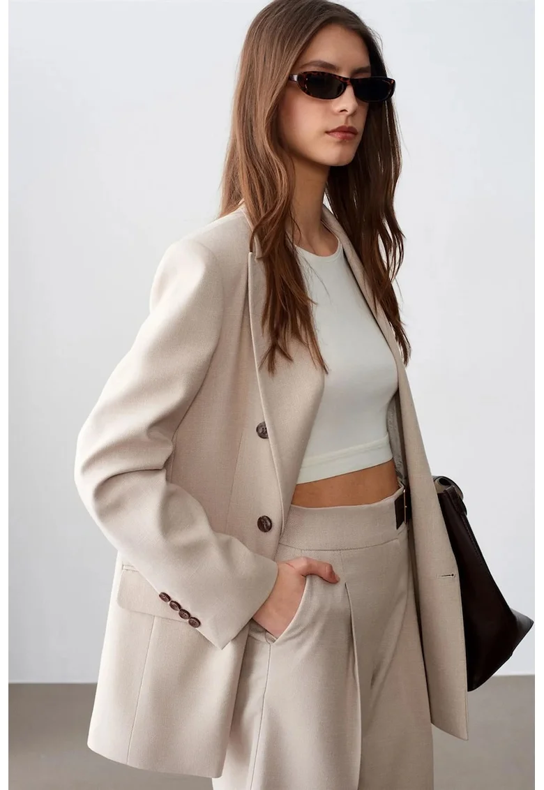 Sacou dama,  blazer din crep, regular fit, bej natural, poliester