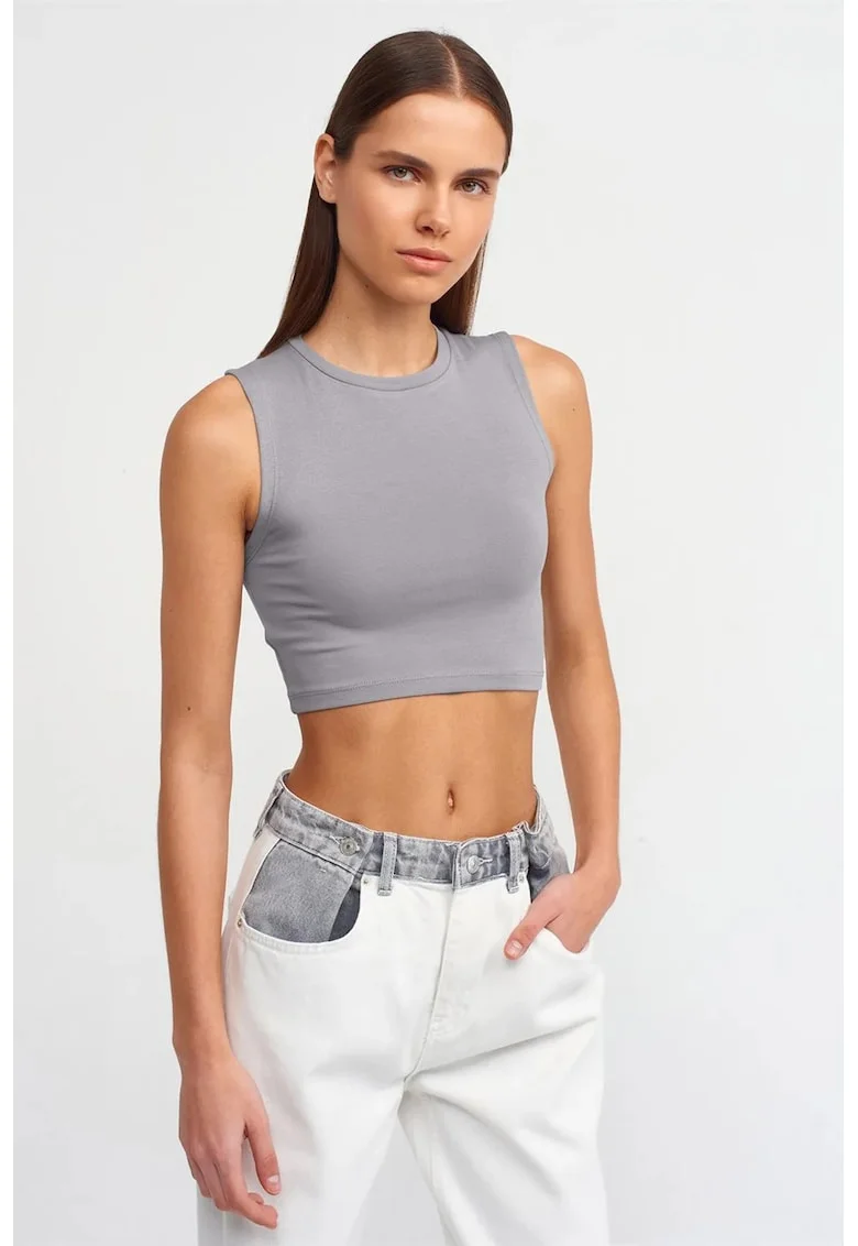 Tricou dama,  crop top fara maneci, elastic, gri ardezie, bumbac cu elastan