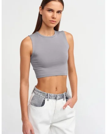 Tricou dama,  crop top fara maneci, elastic, gri ardezie, bumbac cu elastan