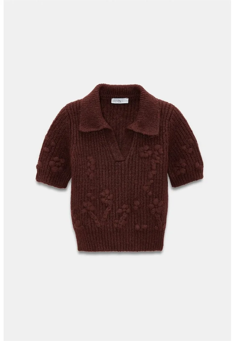 Pulover dama,  guler polo, textura striata, maro cafea, acrilic, poliamida, poliester,