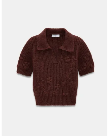 Pulover dama,  guler polo, textura striata, maro cafea, acrilic, poliamida, poliester,