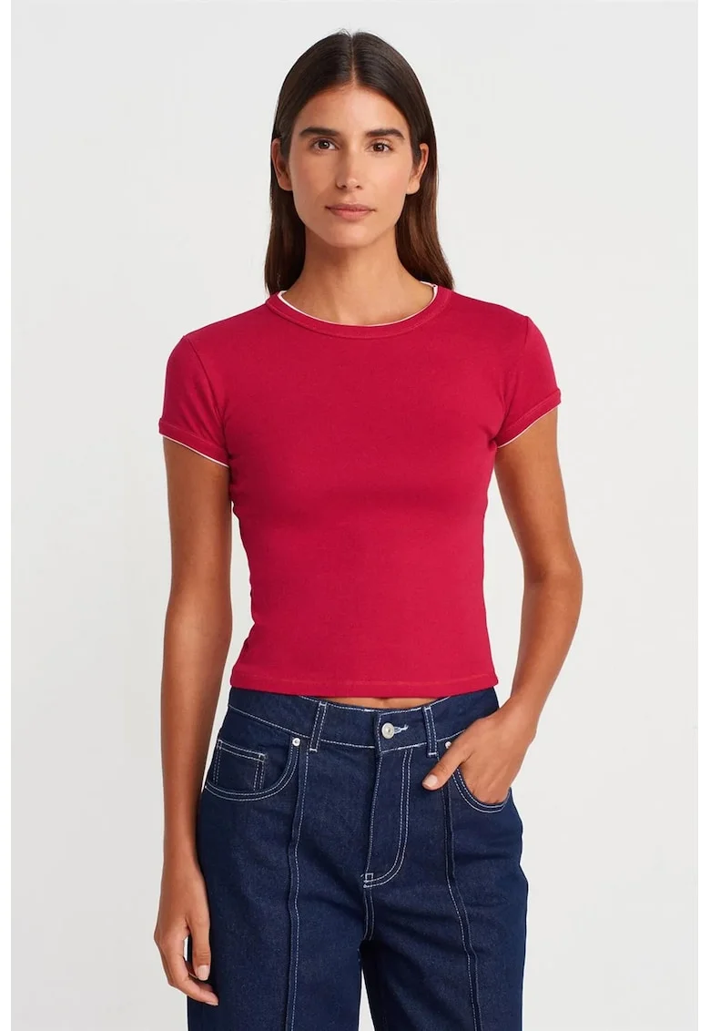 Tricou crop,  slim fit, roz magenta, bumbac