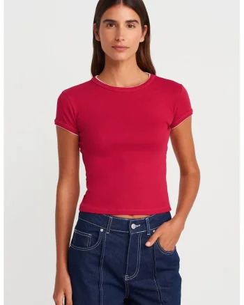 Tricou crop,  slim fit, roz magenta, bumbac