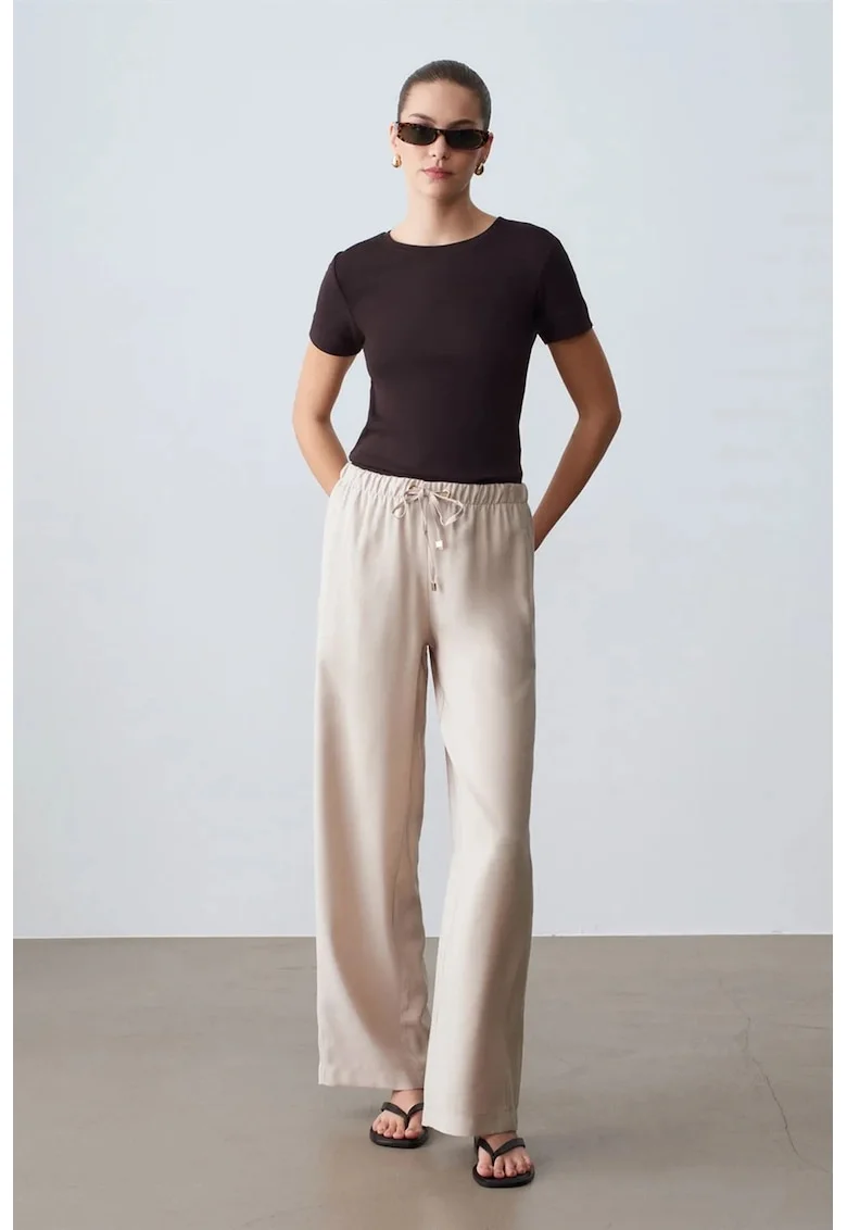 Pantaloni dama,  Wide-Leg, talie elastica, piatra naturala
