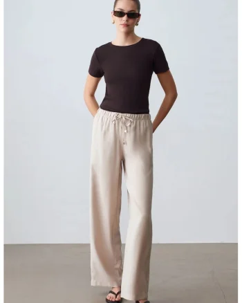 Pantaloni dama,  Wide-Leg, talie elastica, piatra naturala
