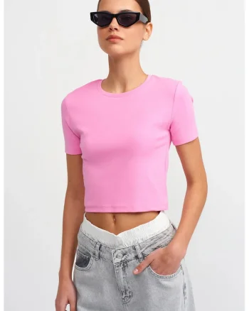 Tricou dama,  slim fit, roz aprins, bumbac cu elastan