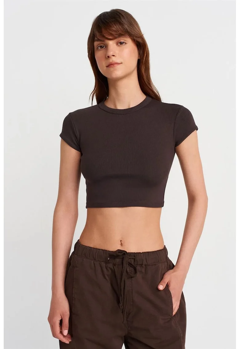 Tricou  pentru femei, slim fit, scurt, maro cafea, bumbac cu elastan