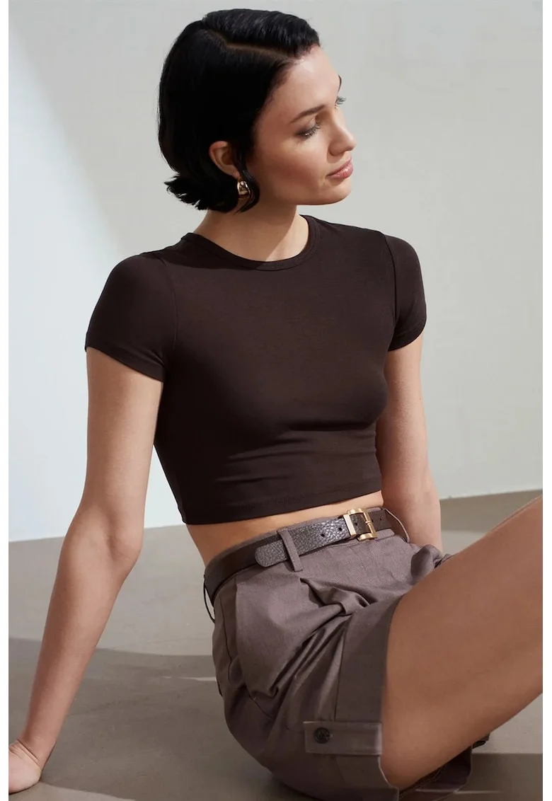 Tricou dama,  Tricou Crop Slim-Fit, elastic, maro cafea, 96% viscoza, 4% elastan