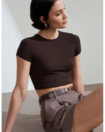 Tricou dama,  Tricou Crop Slim-Fit, elastic, maro cafea, 96% viscoza, 4% elastan