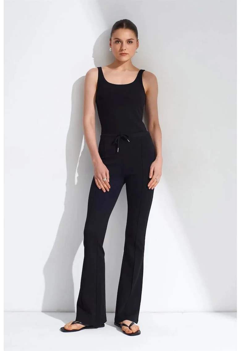 Pantaloni dama,  Flare din jerseu, talie medie, Negru