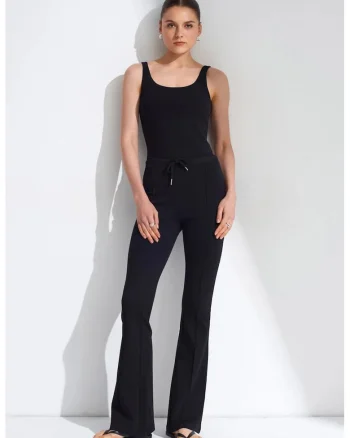 Pantaloni dama,  Flare din jerseu, talie medie, Negru