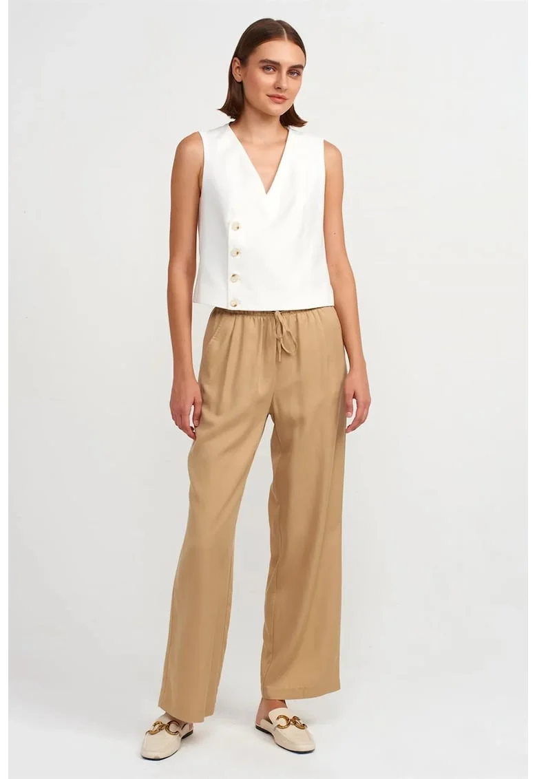 Pantaloni dama,  picior larg, talie elastica cu snur, Maro Camel, Tencel
