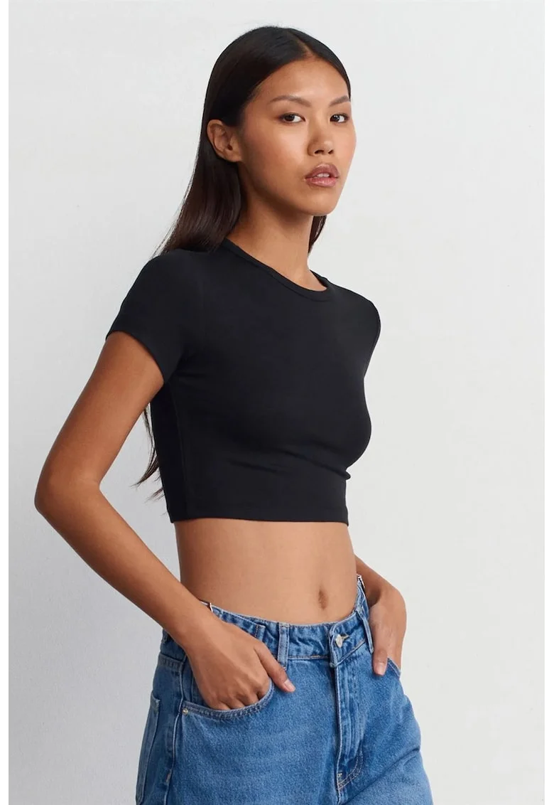 Tricou dama,  crop, slim fit, negru, elastic, 96% viscoza, 4% elastan