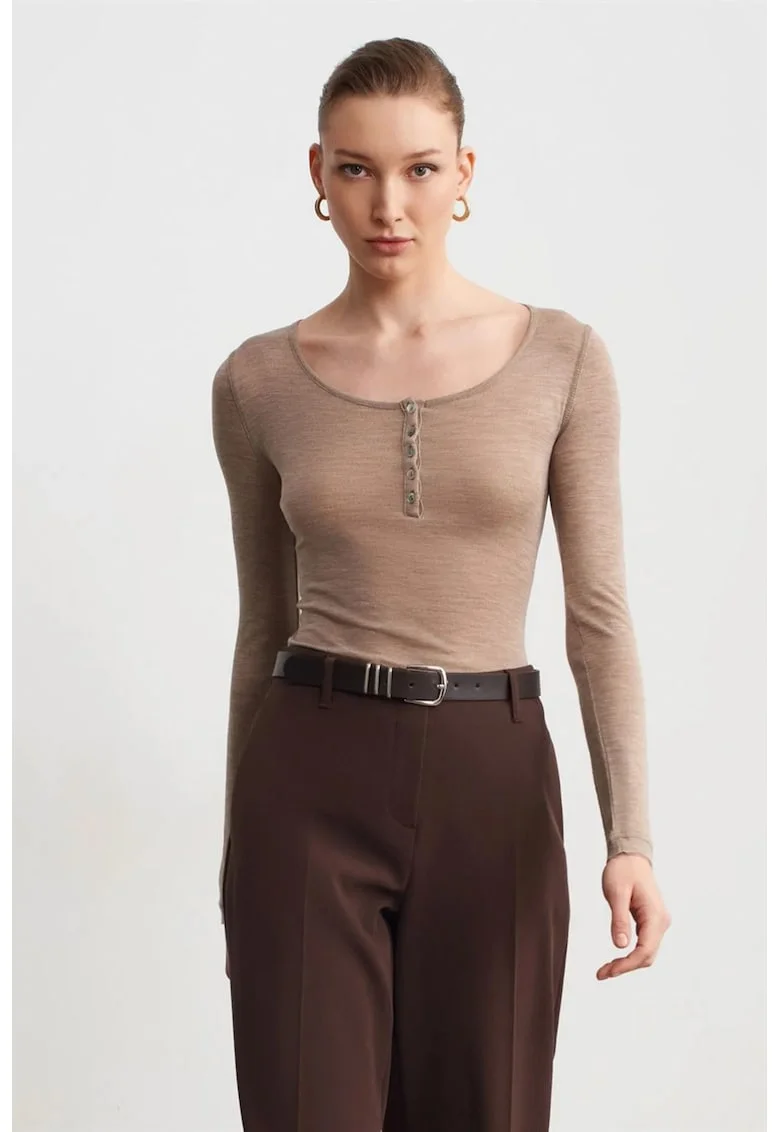 Bluza dama,  bluza tricotata slim-fit, maneca lunga, bej natural, 100% lana