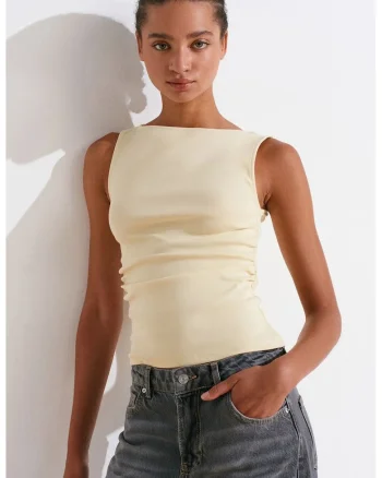 Bluza dama,  jerseu fara maneci, crem natural, 94% bumbac, casual