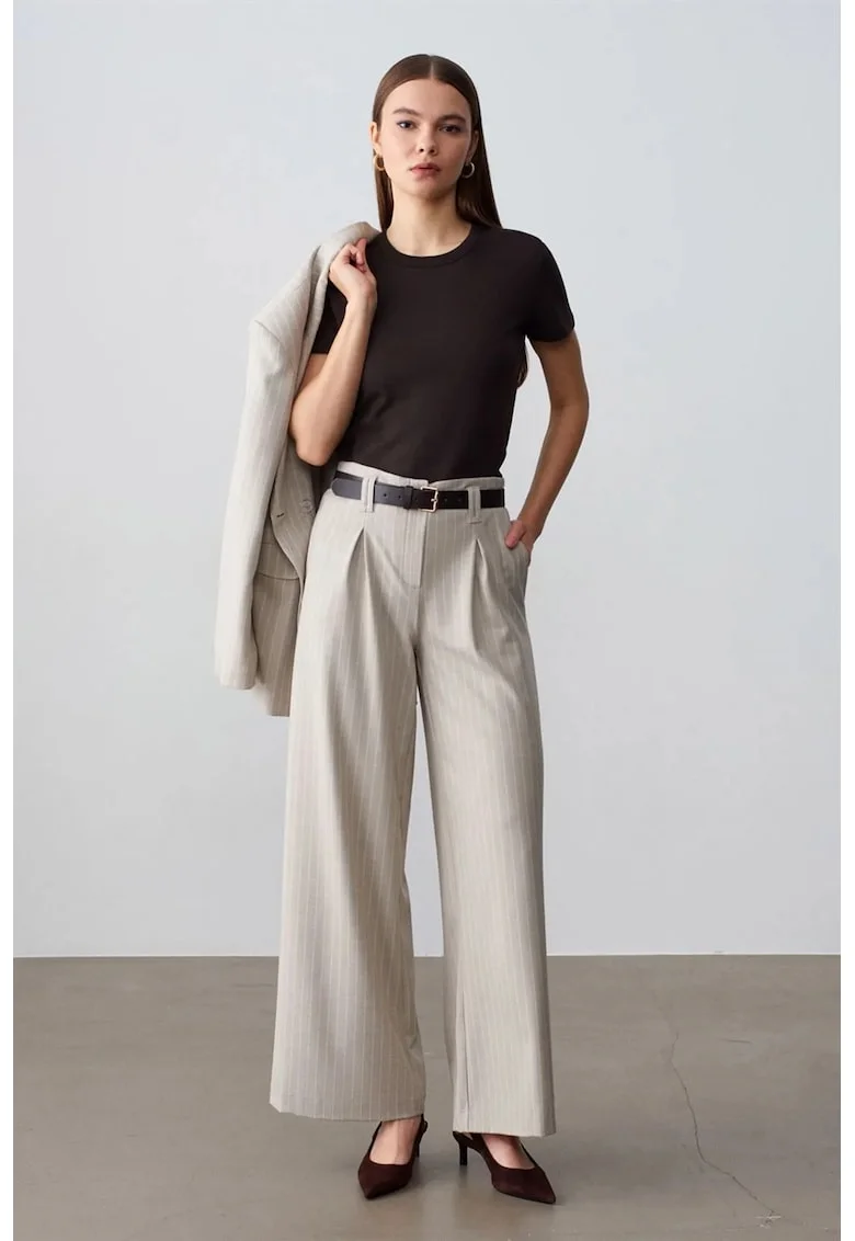 Pantaloni dama,  plisati, casual, piatra naturala, poliester-viscoza-elastan