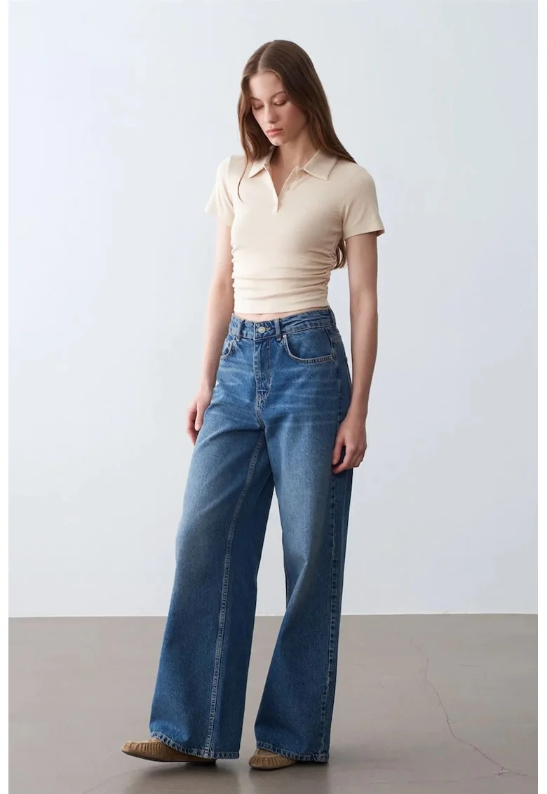 Tricou Polo Crop Slim Fit Femei  Bej Natural, Maneca scurta, 48% bumbac, 47% viscoza, 5% elastan