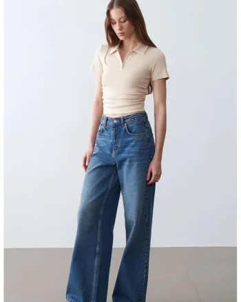 Tricou Polo Crop Slim Fit Femei  Bej Natural, Maneca scurta, 48% bumbac, 47% viscoza, 5% elastan
