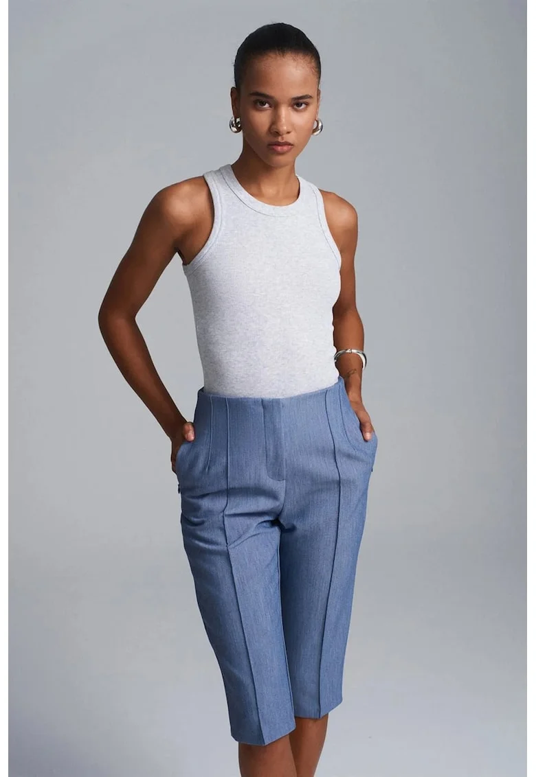 Pantaloni scurti dama,  Capri, talie inalta, albastru Maya, poliester-viscoza-elastan