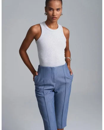 Pantaloni scurti dama,  Capri, talie inalta, albastru Maya, poliester-viscoza-elastan