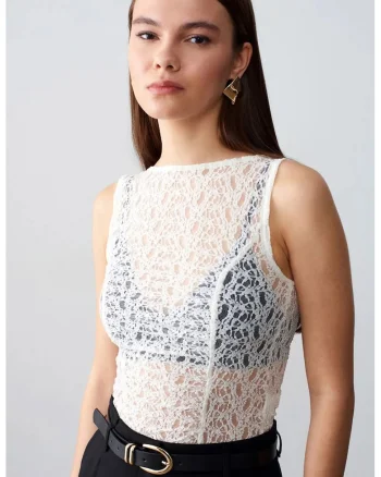 Bluza dama,  bluza mulata din dantela, eleganta, alb, 92% poliamida, 8% elastan