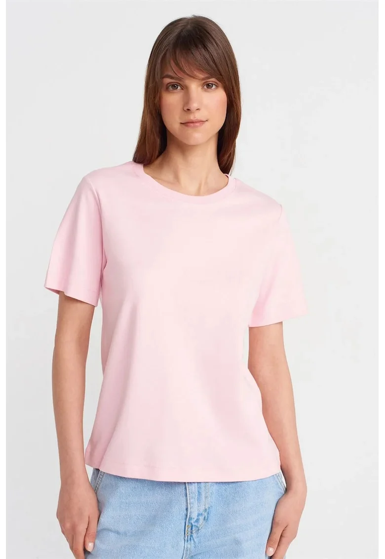 Tricou dama  regular fit, cu maneci scurte, roz pudra, 100% bumbac