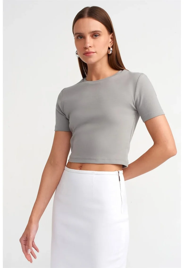 Tricou dama,  slim fit, gri deschis, bumbac elastan