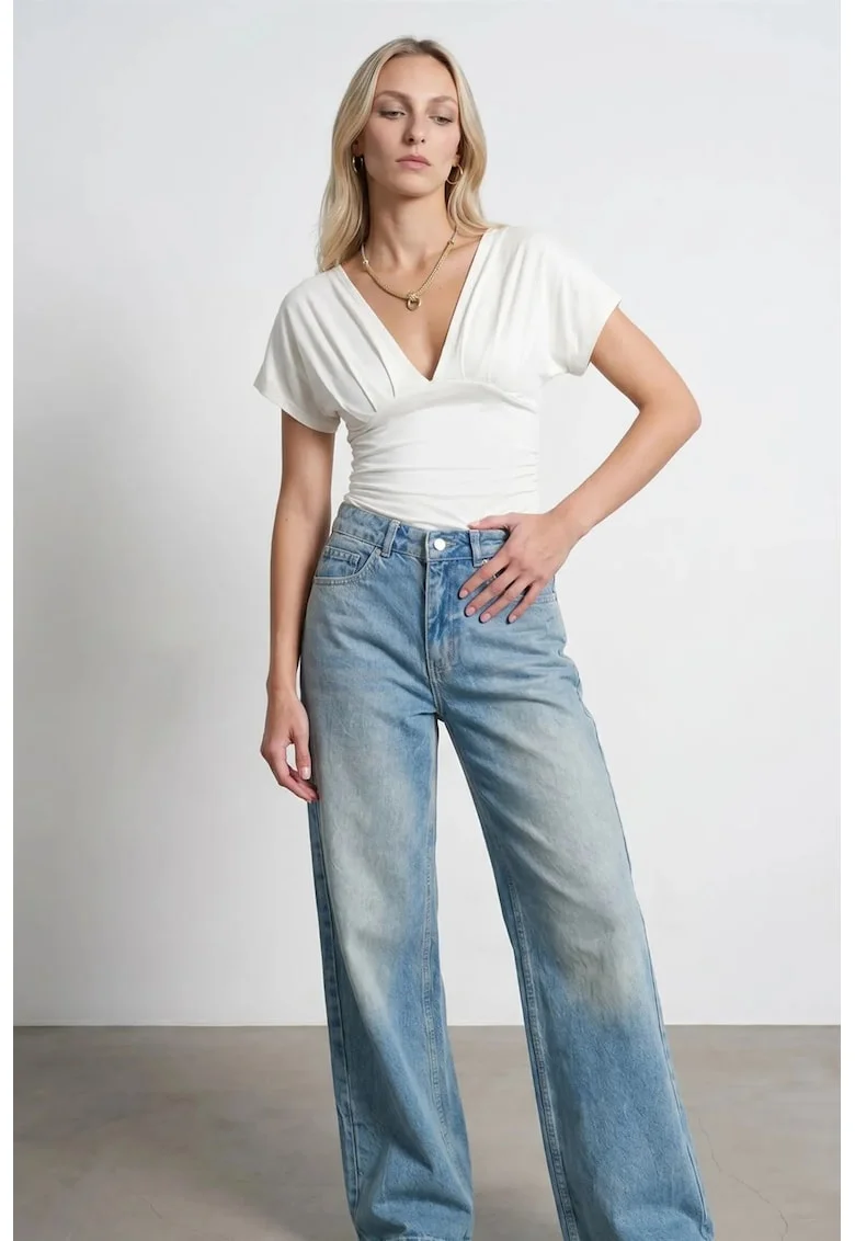 Bluza dama,  Slim Fit, decolteu in V, alb prafuit, viscoza-elastan