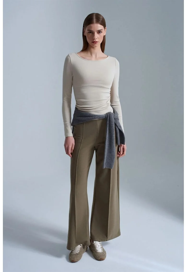 Pantaloni dama,  picior larg, elastic, verde kaki, bumbac si poliester