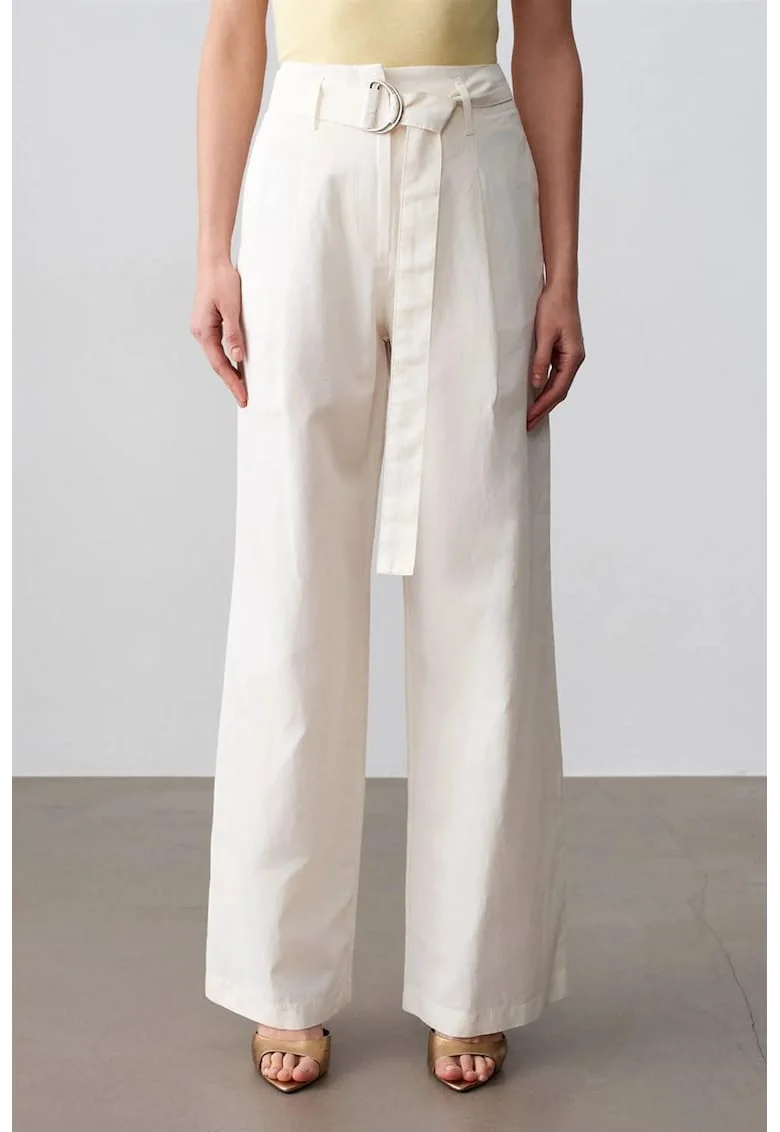 Pantaloni dama,  talie inalta, croiala larga, alb prafuit, amestec de in