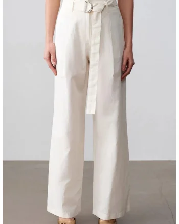 Pantaloni dama,  talie inalta, croiala larga, alb prafuit, amestec de in