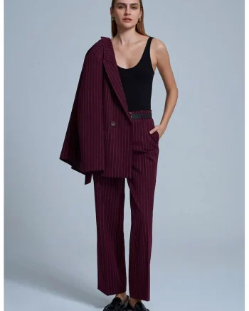Pantaloni dama,  croiala dreapta, cu curea, dungi, Rosu Burgund, crep