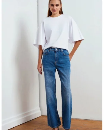 Blugi dama  talie inalta, croiala larga, denim albastru mediu