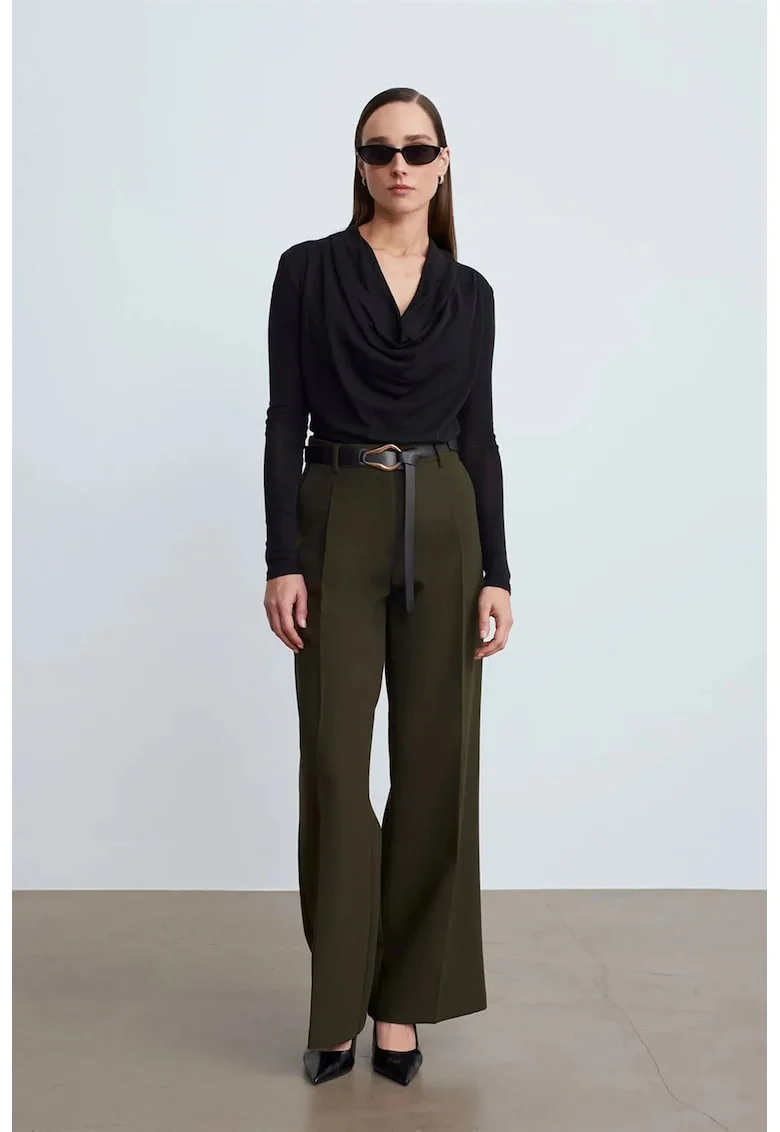 Pantaloni dama,  cu talie inalta, cu cordon, verde masliniu, tesatura creponata